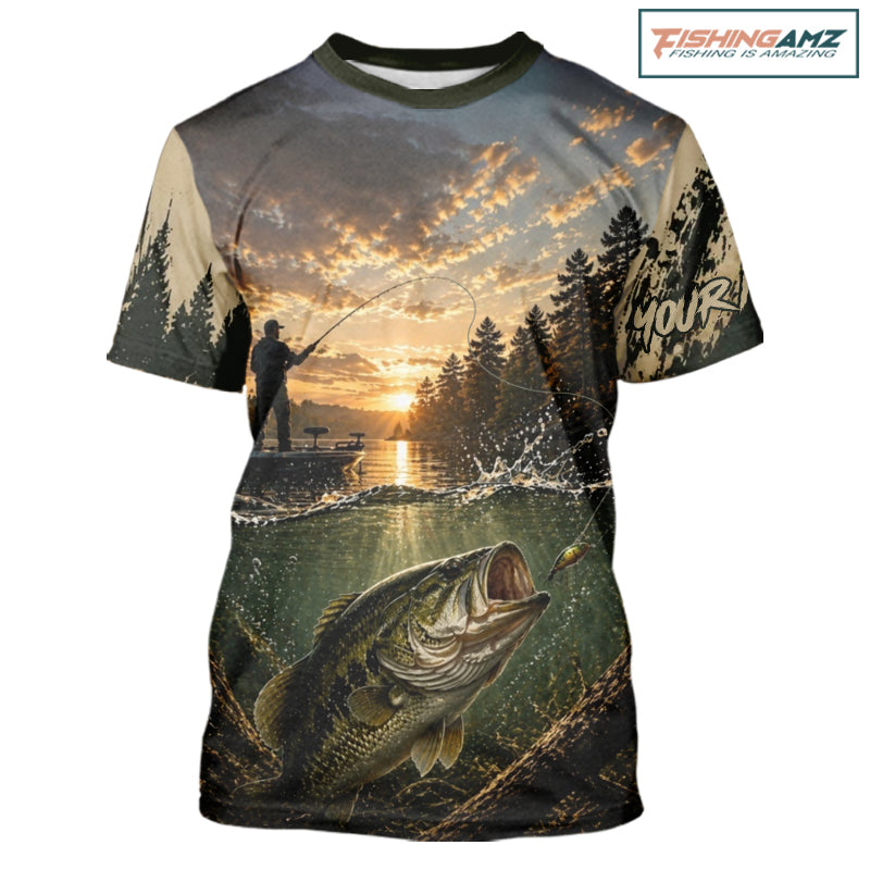 Personalized Bass Short Sleeve Fishing T-shirts – Angler Sunset Lake Design, Outdoor Fishing Apparel Gift For Dad