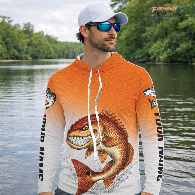 Angry Redfish Fishing Shirts Hooded Long Sleeve For Men, Upf Long Sleeve UV Sun Protection Fishing Shirt NHT1310