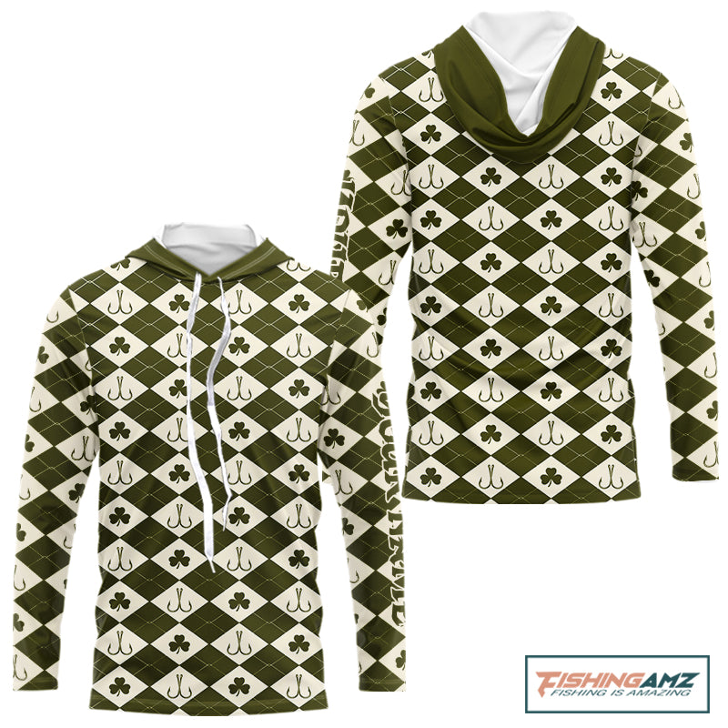 Irish Fishing Shirt Hooded Long Sleeve Shamrock Argyle, Funny Hook & Clover Pattern Top For Anglers NHT1483