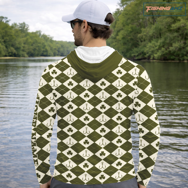 Irish Fishing Shirt Hooded Long Sleeve Shamrock Argyle, Funny Hook & Clover Pattern Top For Anglers NHT1483