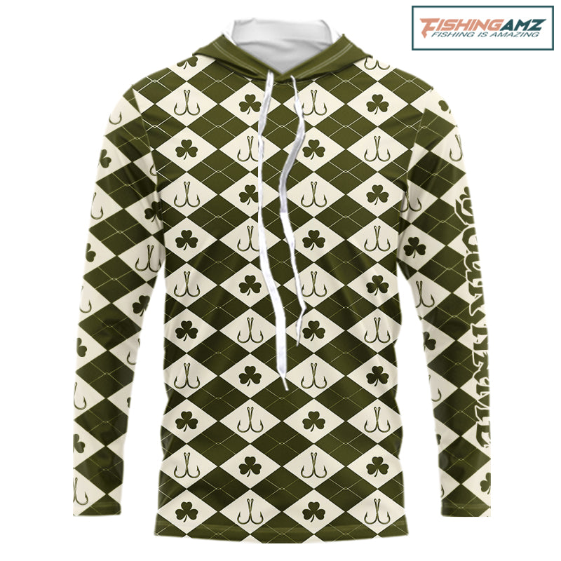 Irish Fishing Shirt Hooded Long Sleeve Shamrock Argyle, Funny Hook & Clover Pattern Top For Anglers NHT1483