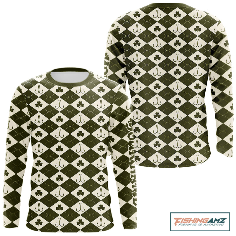 Irish Fishing Shirt Long Sleeve Shamrock Argyle, Funny Hook & Clover Pattern Top For Anglers NHT1483