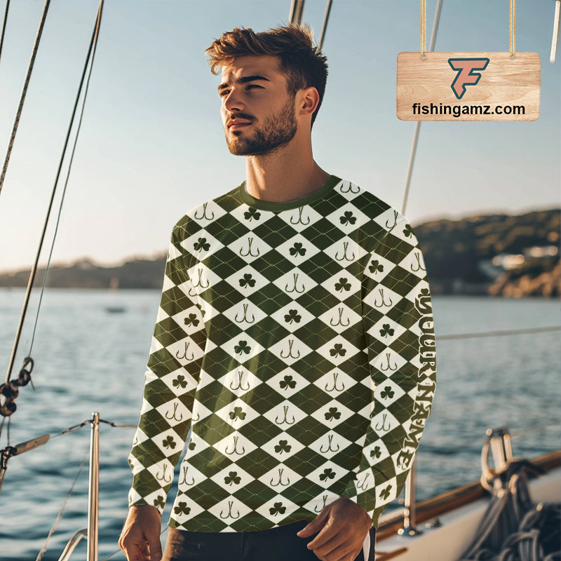 Irish Fishing Shirt Long Sleeve Shamrock Argyle, Funny Hook & Clover Pattern Top For Anglers NHT1483