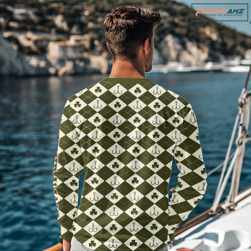 Irish Fishing Shirt Long Sleeve Shamrock Argyle, Funny Hook & Clover Pattern Top For Anglers NHT1483