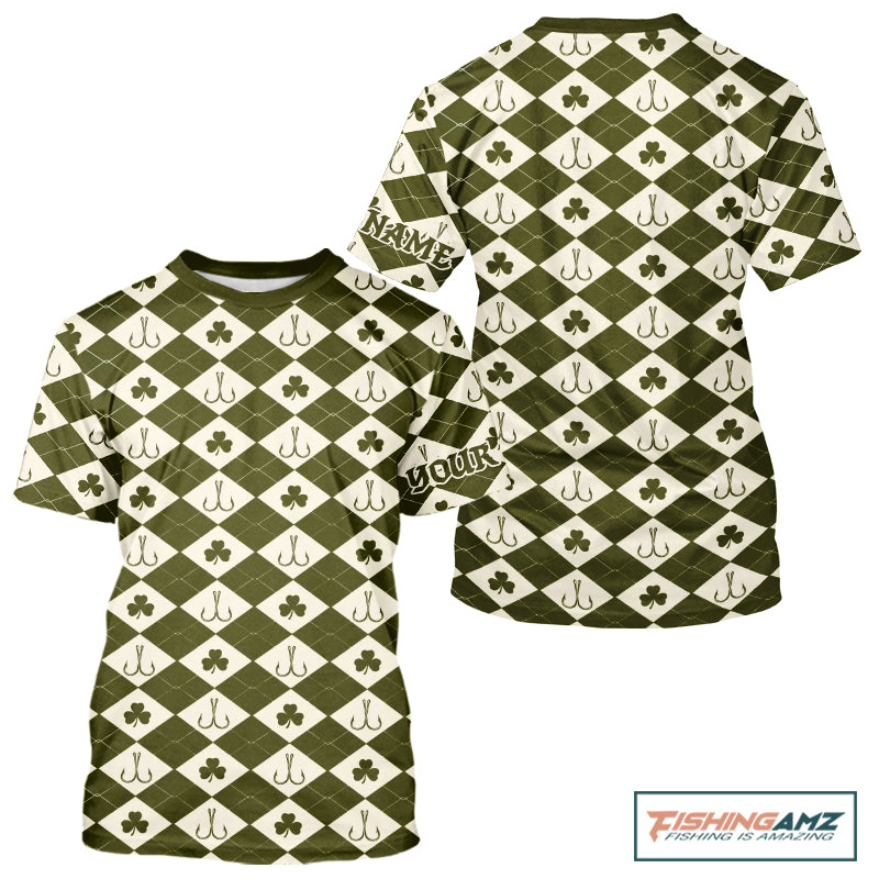 Irish Fishing Shirt Short Sleeve Shamrock Argyle, Funny Hook & Clover Pattern Top For Anglers NHT1483