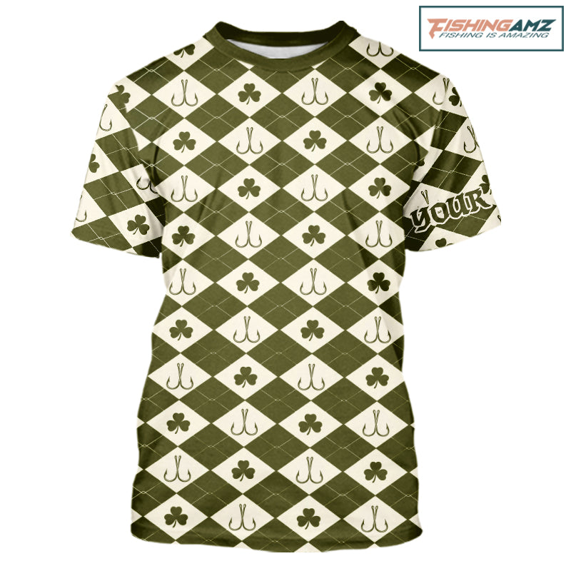 Irish Fishing Shirt Short Sleeve Shamrock Argyle, Funny Hook & Clover Pattern Top For Anglers NHT1483