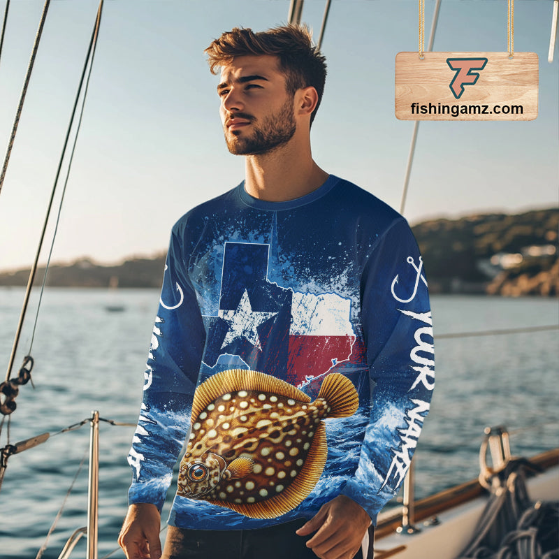 Man wearing Texas Flag Flounder Fishing Jersey Performance Fishing Shirt, Saltwater Angler Gift For Men 
