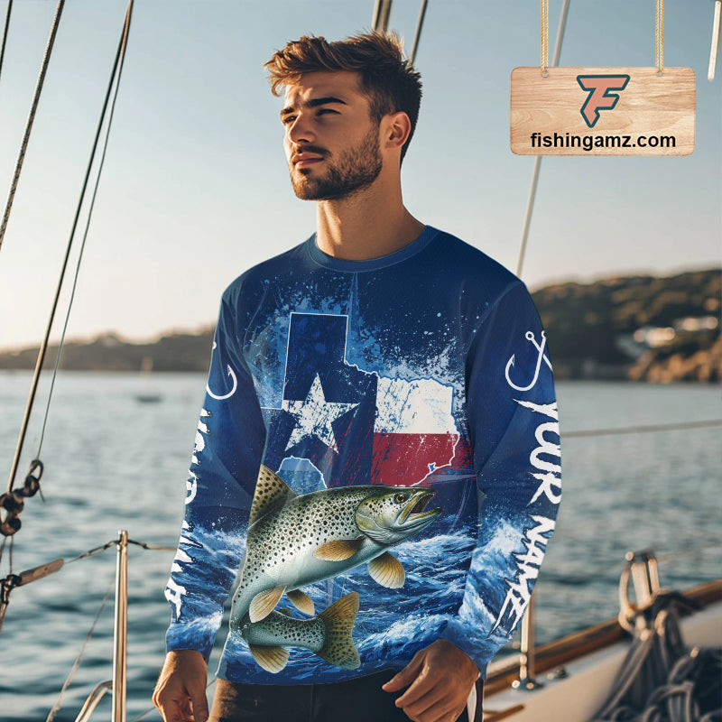 Man wearing Texas Flag Speckled Trout Fishing Jersey Performance Fishing Shirt, Saltwater Angler Gift For Men 