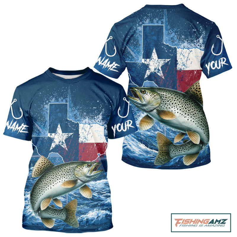 Texas Flag Speckled Trout Fishing Jersey Performance Fishing T-Shirt, Saltwater Angler Gift For Men 