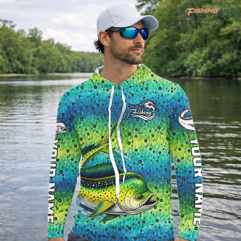 Mahi Mahi Fishing Team Jerseys, Mahi Mahi Fishing Shirts Long Sleeve Hooded Green Camo NHT614