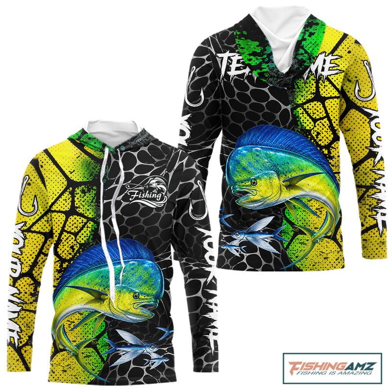Custom Mahi Mahi Fishing Shirts Hooded Long Sleeve Performance Jersey Long Sleeve Angler Gift NHT1333
