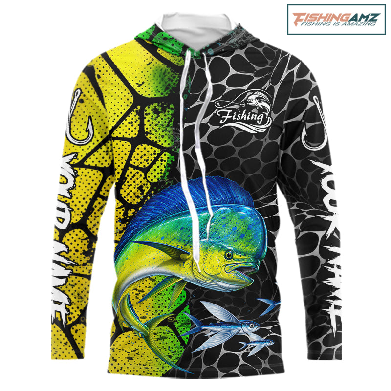 Custom Mahi Mahi Fishing Shirts Hooded Long Sleeve Performance Jersey Long Sleeve Angler Gift NHT1333