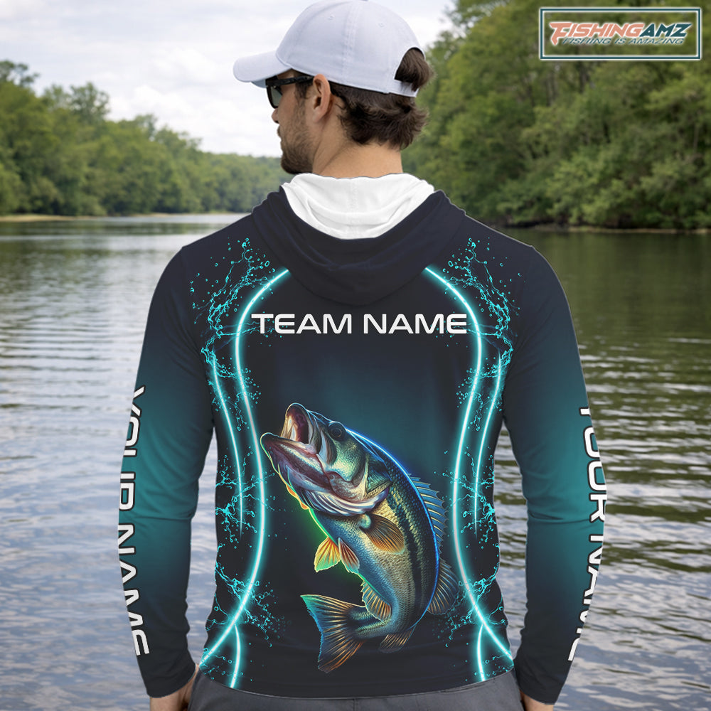 Personalized Neon Bass Fishing Shirt, Largemouth Bass Long Sleeve Hooded Performance Apparel 