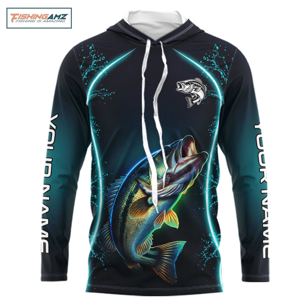 Personalized Neon Bass Fishing Shirt, Largemouth Bass Long Sleeve Hooded Performance Apparel 