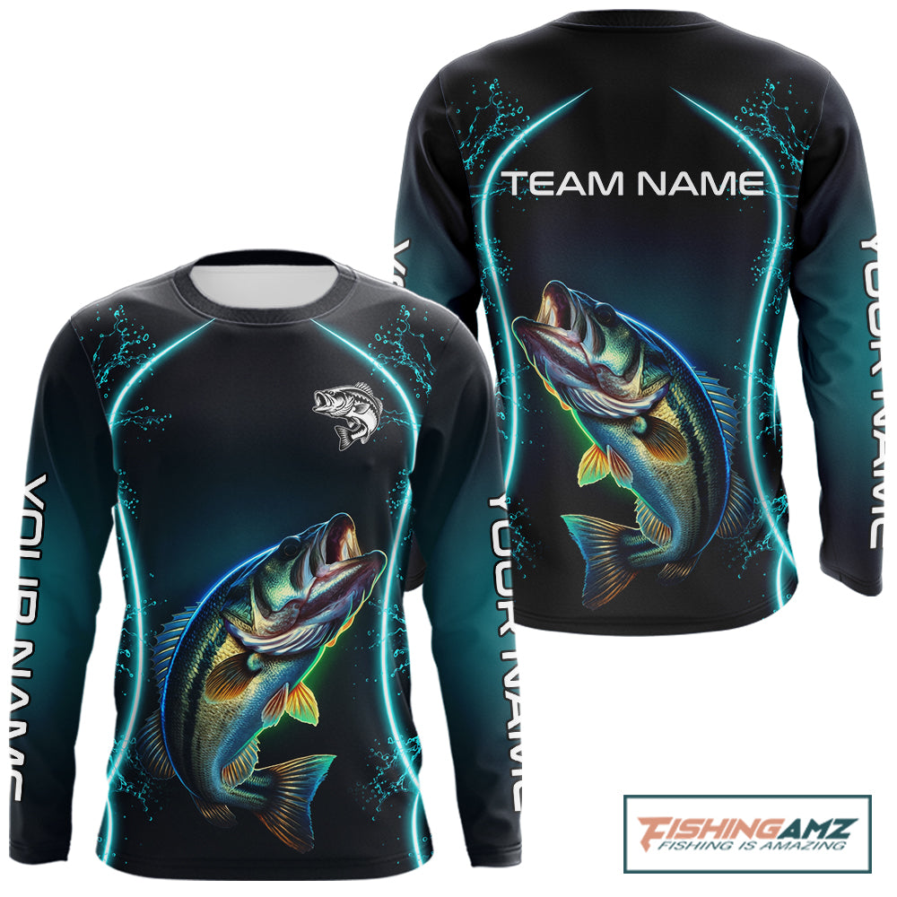 Personalized Neon Bass Fishing Shirt, Largemouth Bass Long Sleeve Performance Apparel 