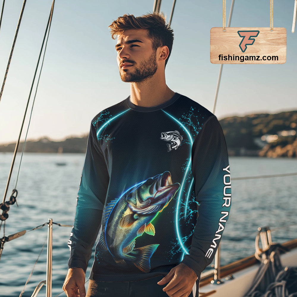 Man wearing Personalized Neon Bass Fishing Shirt, Largemouth Bass Long Sleeve Performance Apparel 