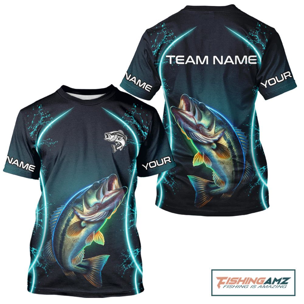Personalized Neon Bass Fishing Shirt, Largemouth Bass Short Sleeve Fishing T-Shirts Performance Apparel 