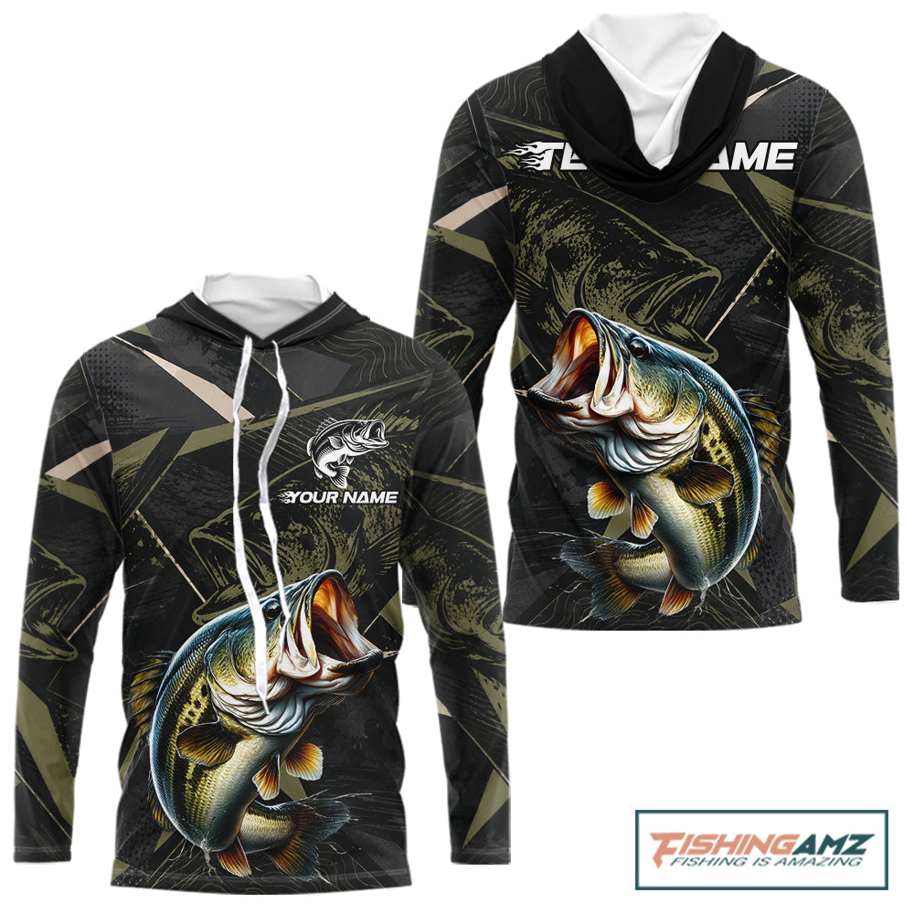 Personalized Bass Fishing Jersey, Custom Name Long Sleeve Hooded Fishing Shirt For Men 
