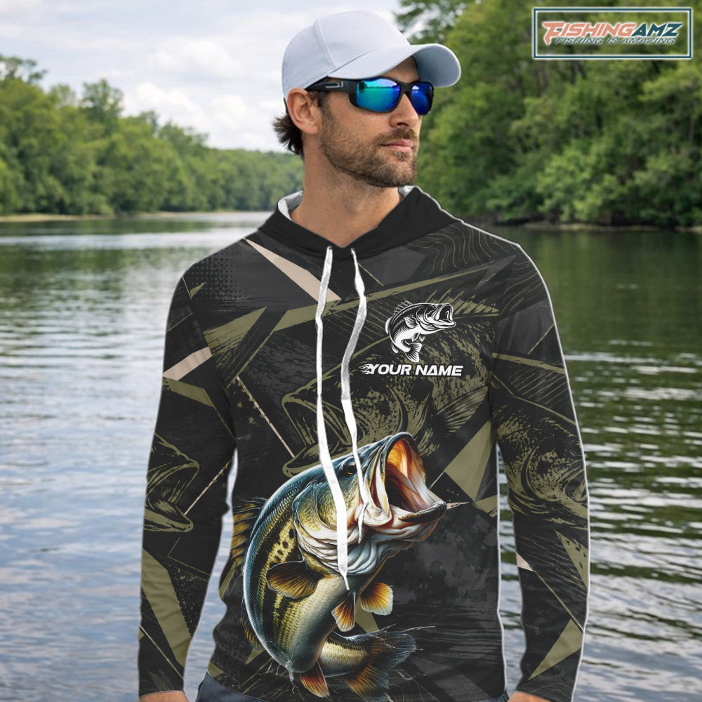 Personalized Bass Fishing Jersey, Custom Name Long Sleeve Hooded Fishing Shirt For Men 