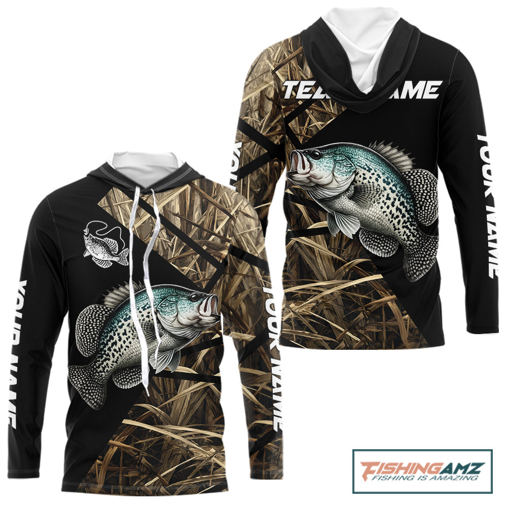 Crappie Fishing Custom Camouflage Fishing Shirts Long Sleeve Hooded, Crappie Fishing Apparel NHT524