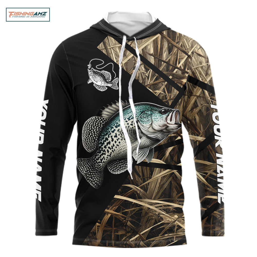 Crappie Fishing Custom Camouflage Fishing Shirts Long Sleeve Hooded, Crappie Fishing Apparel NHT524
