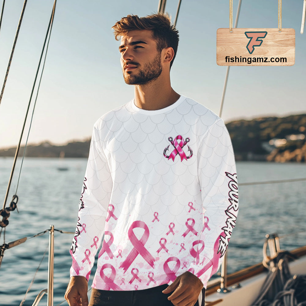 Fishing Shirt Long Sleeve Pink Ribbon Breast Cancer Awareness For Women, Men NHT1497