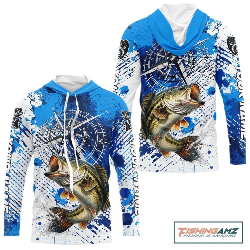Blue Camo Custom Largemouth Bass Compass Hooded Long Sleeve Tournament Fishing Shirts