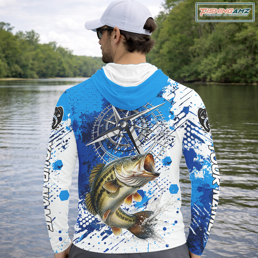 Blue Camo Custom Largemouth Bass Compass Hooded Long Sleeve Tournament Fishing Shirts NHT527