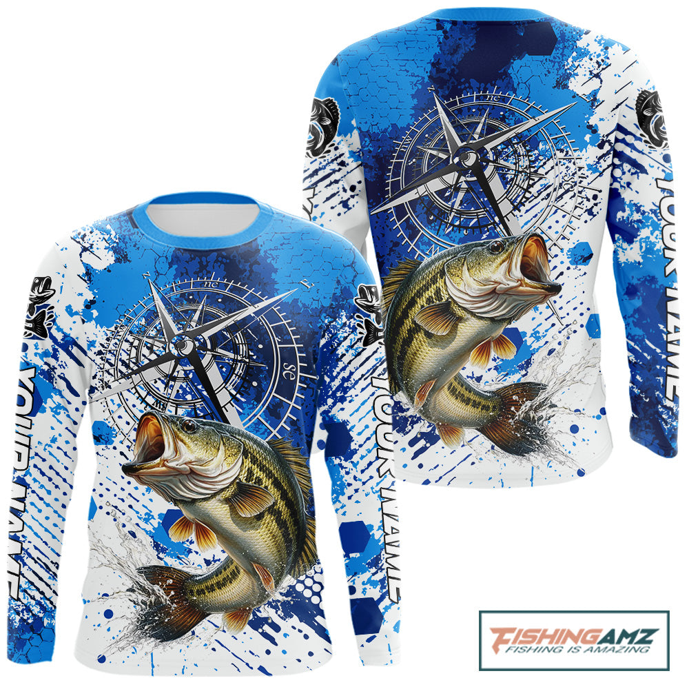 Blue Camo Custom Largemouth Bass Compass Long Sleeve Tournament Fishing Shirts NHT527