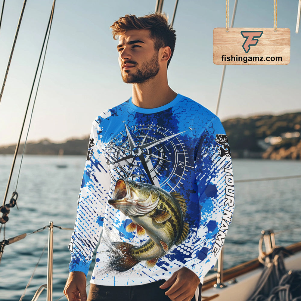Blue Camo Custom Largemouth Bass Compass Long Sleeve Tournament Fishing Shirts NHT527