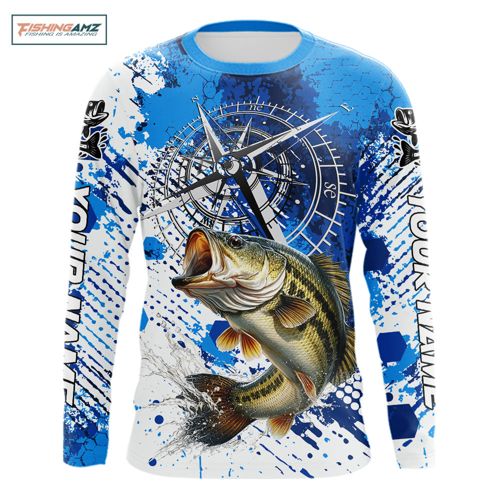 Blue Camo Custom Largemouth Bass Compass Long Sleeve Tournament Fishing Shirts NHT527
