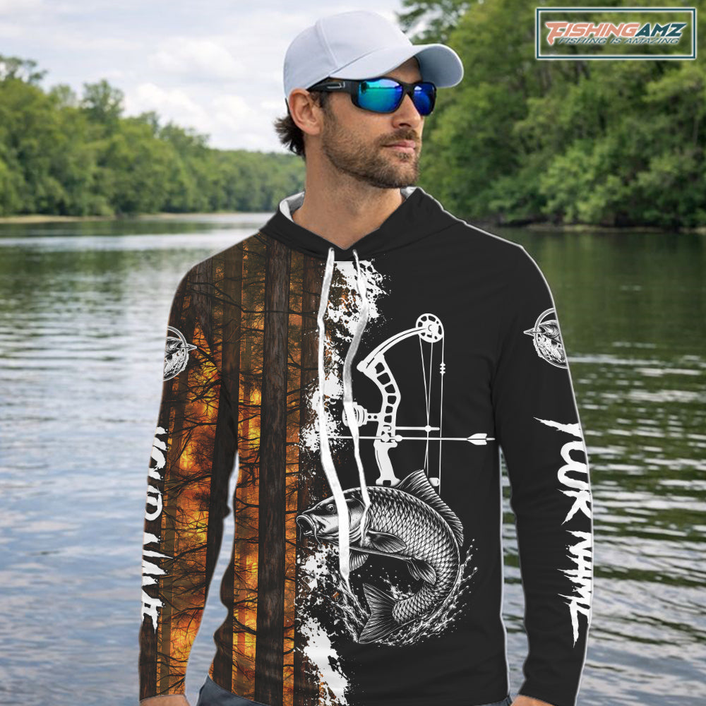 Men's Carp Fishing Shirts Hooded Long Sleeve Performance Shirt, Custom Forest Orange Camo Shirt NHT1367