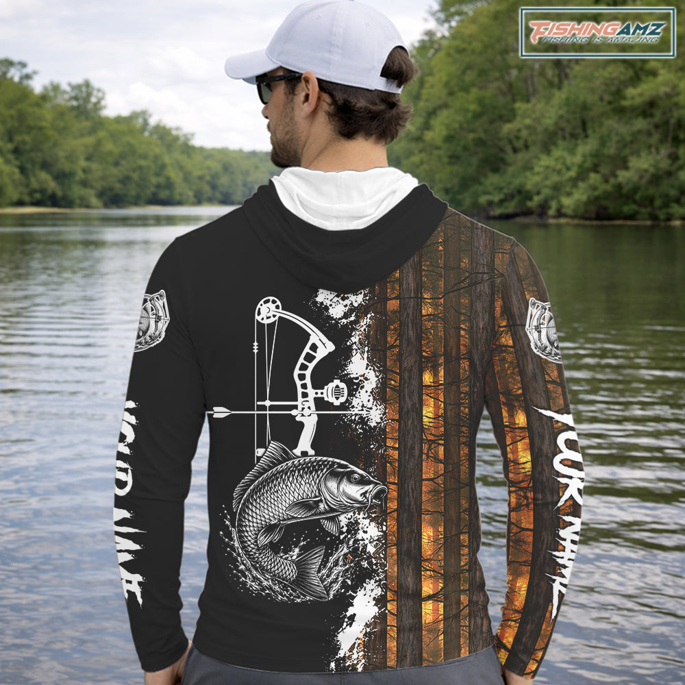 Men's Carp Fishing Shirts Hooded Long Sleeve Performance Shirt, Custom Forest Orange Camo Shirt NHT1367