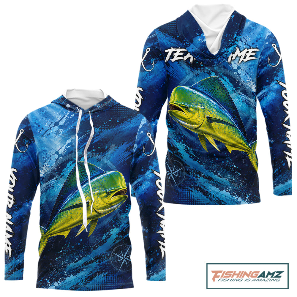 Back view of custom mahi mahi hooded fishing shirt made from lightweight polyester with UPF 30+ sun protection.