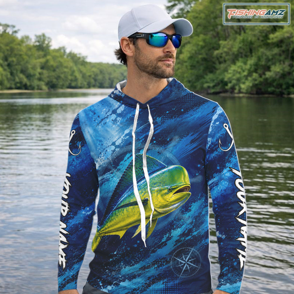 Custom Mahi Mahi Fishing Jersey, Personalized Long Sleeve Hooded Performance Fishing Shirt NHT1221