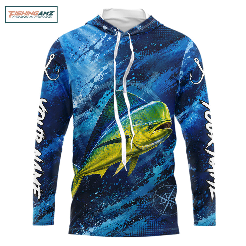 Custom Mahi Mahi Fishing Jersey long sleeve hooded shirt with vibrant mahi mahi graphic and performance fit.