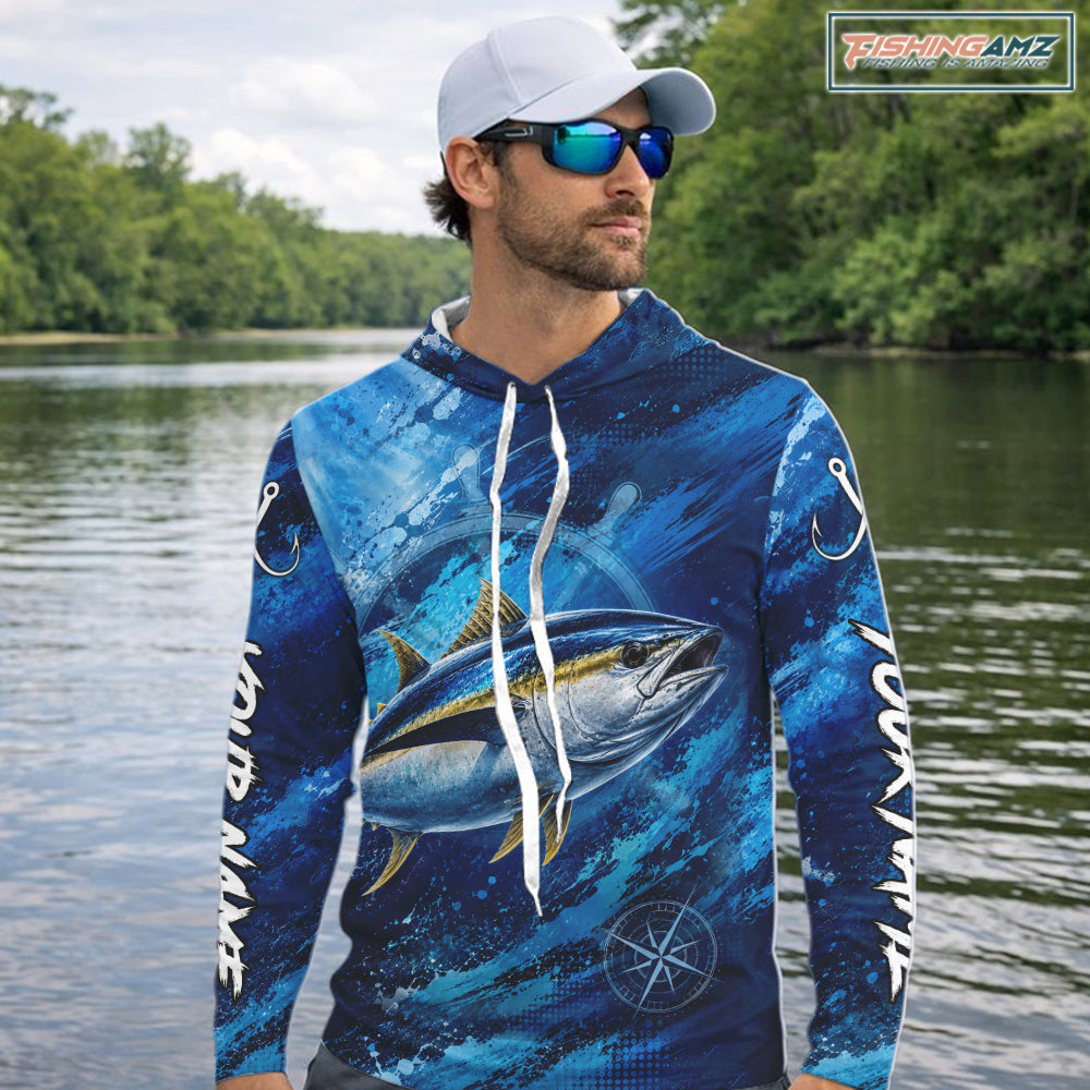 Custom Tuna Fishing Jersey, Personalized Long Sleeve Hooded Performance Fishing Shirt NHT1222