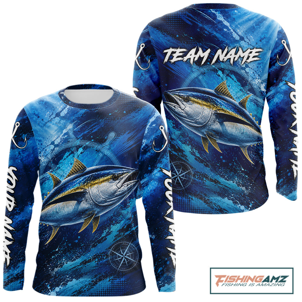 Back view of custom tuna fishing shirt made from breathable polyester with UPF 30+ sun protection.