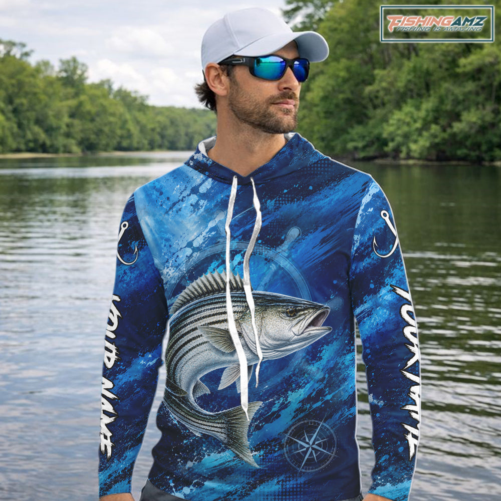 Custom Striped Bass Fishing Jersey, Personalized Long Sleeve Hooded Performance Fishing Shirt NHT1223