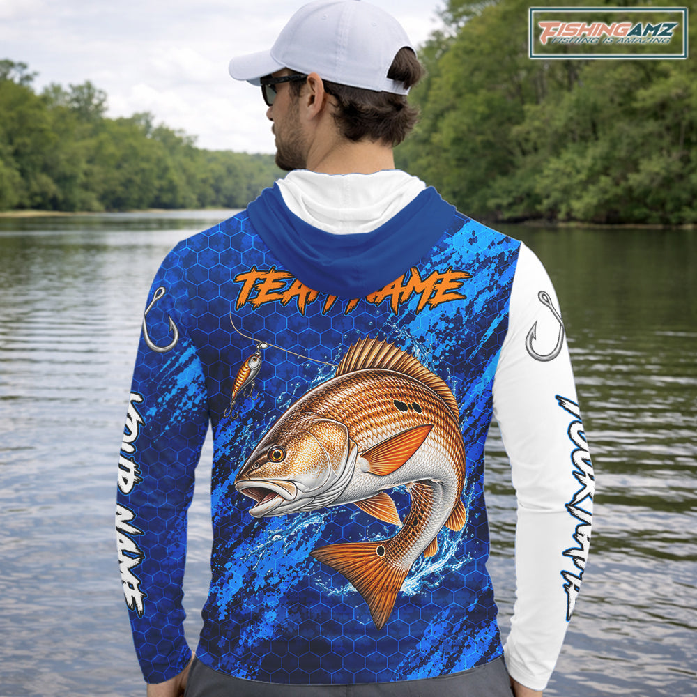 Redfish Fishing Blue Camo Long Sleeve Hooded Performance Fishing Shirt Custom Redfish Fishing Jerseys NBT1046