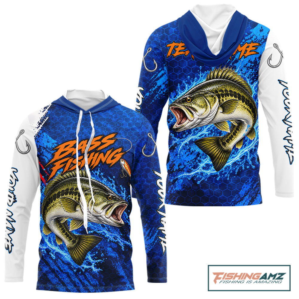 Largemouth Bass Fishing Blue Camo Long Sleeve Hooded Performance Fishing Shirt Custom Bass Fishing Jerseys NBT1047