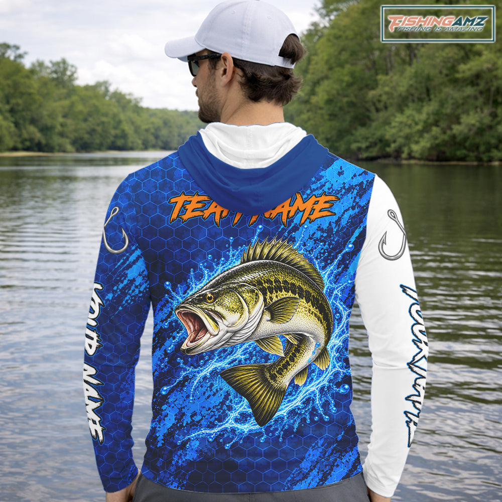 Largemouth Bass Fishing Blue Camo Long Sleeve Hooded Performance Fishing Shirt Custom Bass Fishing Jerseys NBT1047