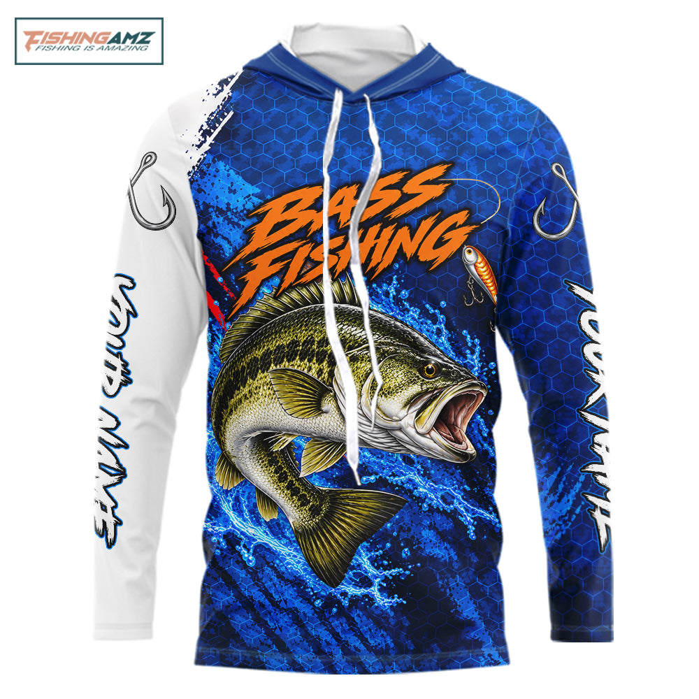 Largemouth Bass Fishing Blue Camo Long Sleeve Hooded Performance Fishing Shirt Custom Bass Fishing Jerseys NBT1047