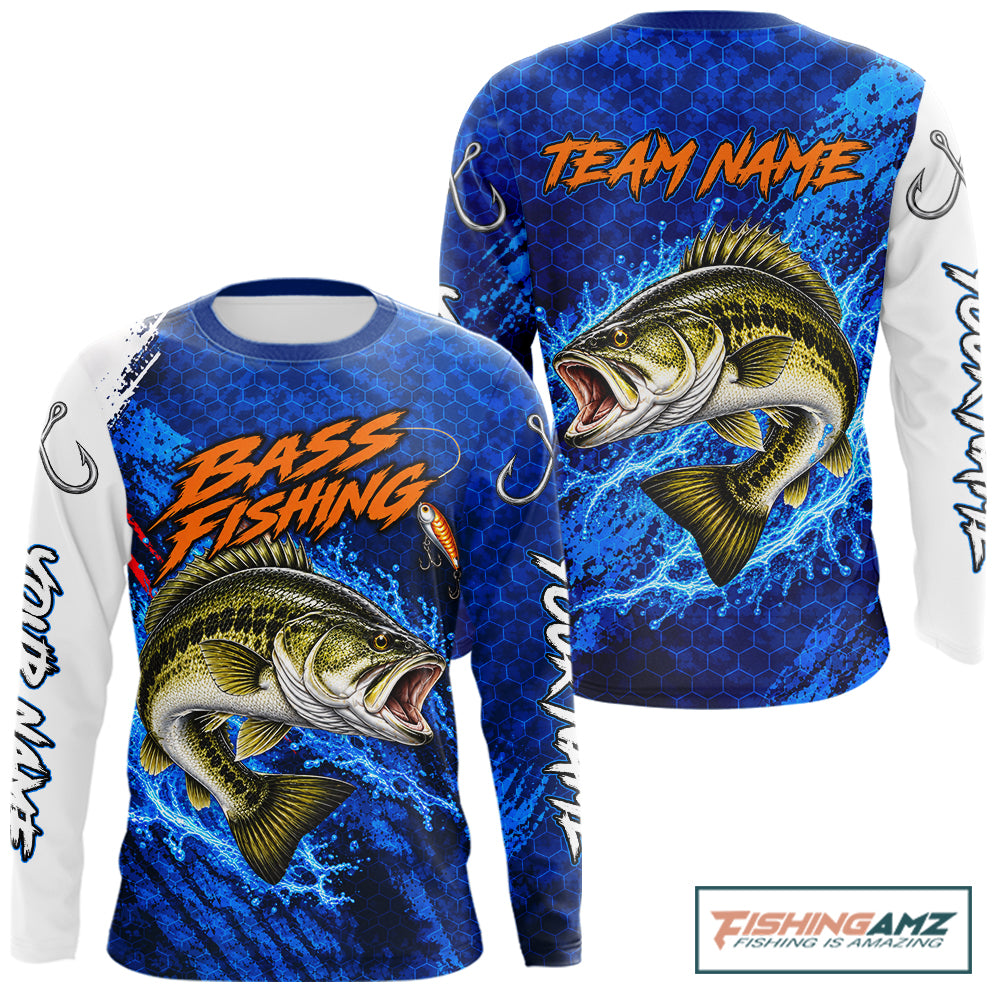 Largemouth Bass Fishing Blue Camo Long Sleeve Performance Fishing Shirt Custom Bass Fishing Jerseys NBT1047