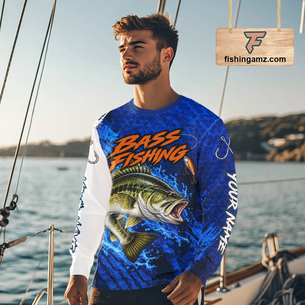 Largemouth Bass Fishing Blue Camo Long Sleeve Performance Fishing Shirt Custom Bass Fishing Jerseys NBT1047