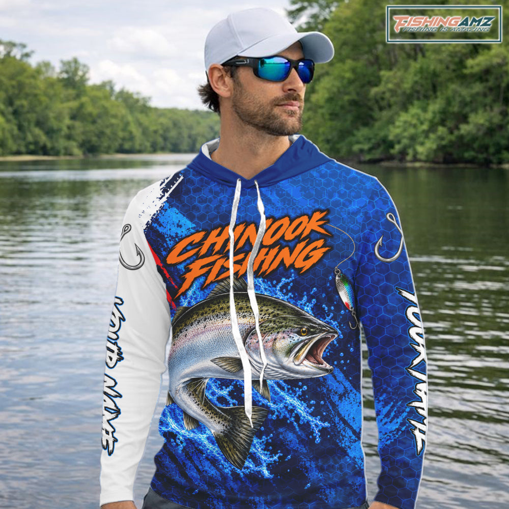 Chinook Salmon Fishing Blue Camo Long Sleeve Hooded Performance Fishing Shirt Custom Chinook Salmon Fishing Jerseys NBT1048