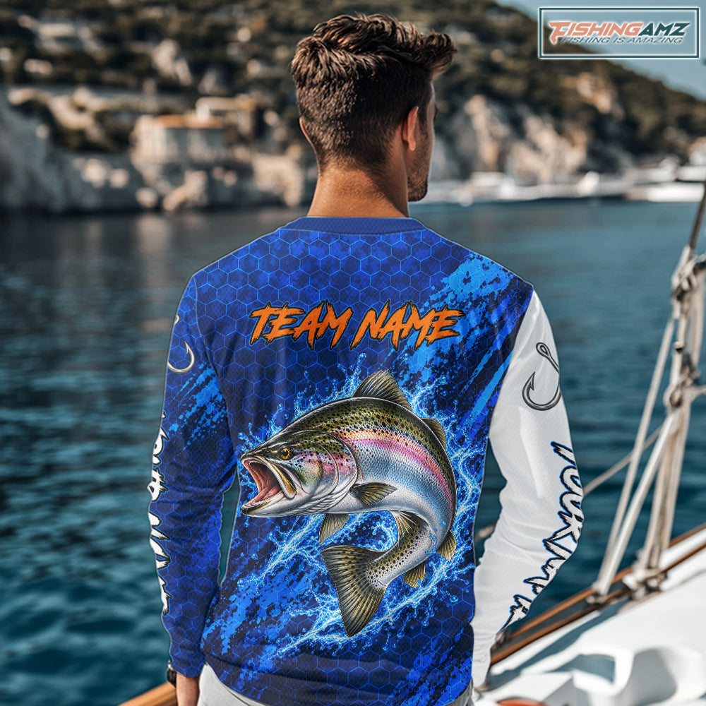 Chinook Salmon Fishing Blue Camo Long Sleeve Performance Fishing Shirt Custom Chinook Salmon Fishing Jerseys NBT1048