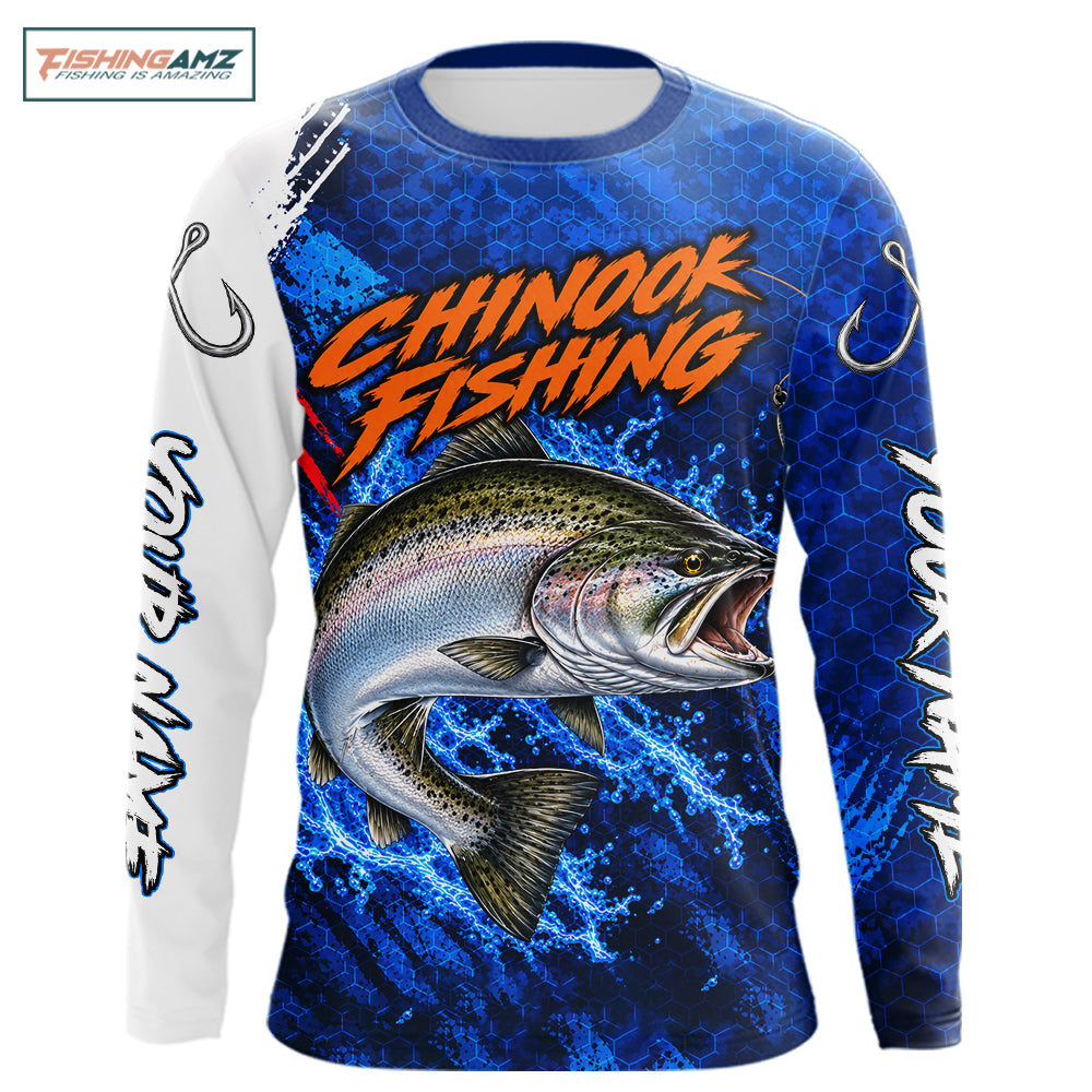 Chinook Salmon Fishing Blue Camo Long Sleeve Performance Fishing Shirt Custom Chinook Salmon Fishing Jerseys NBT1048