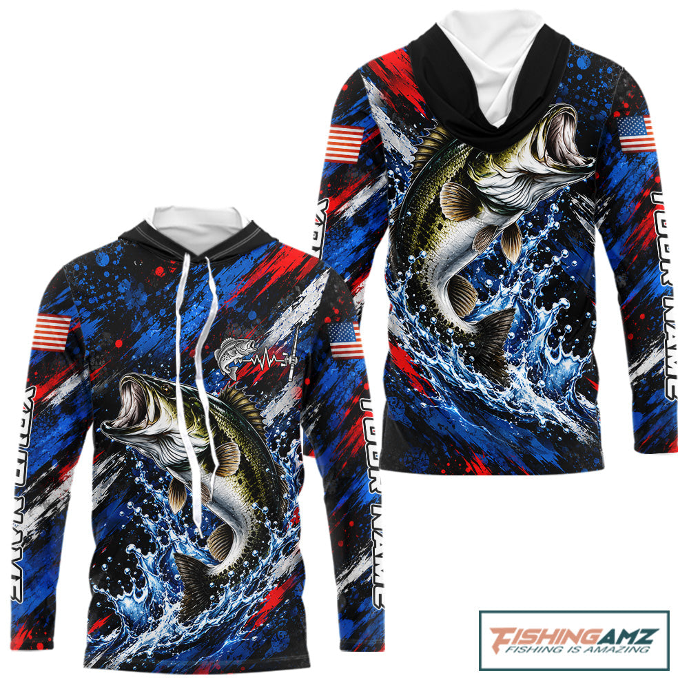 Largemouth Bass Fishing Shirt Custom US Flag Splash Water Long Sleeve Hooded Apparel NHT1706