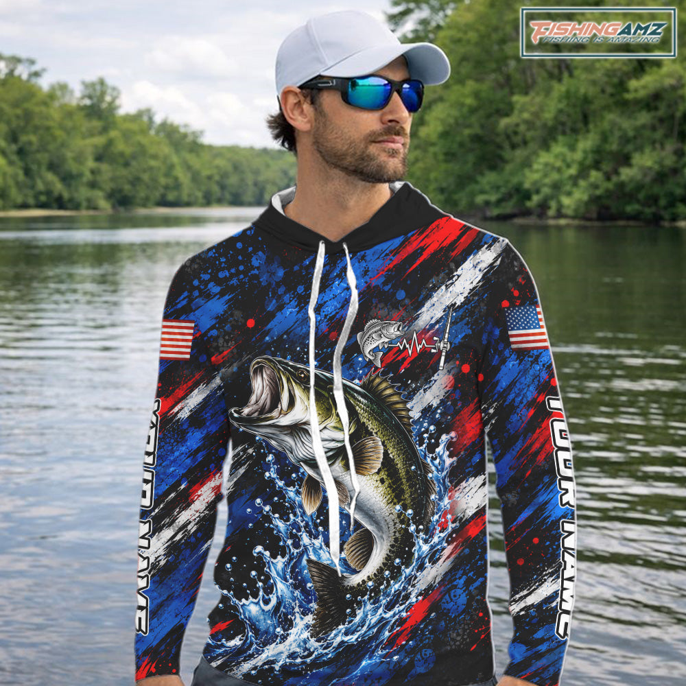 Largemouth Bass Fishing Shirt Custom US Flag Splash Water Long Sleeve Hooded Apparel NHT1706